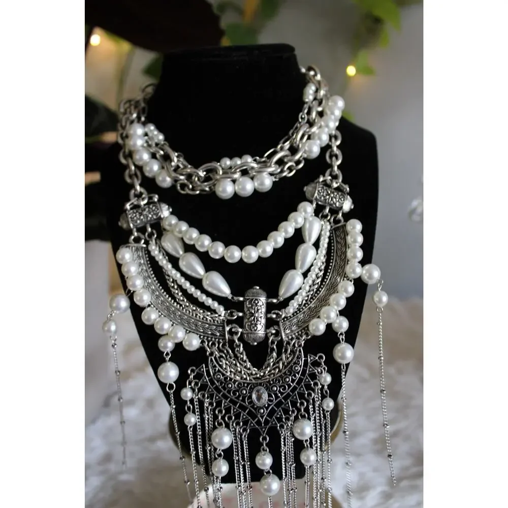 Free People Silver Pearl Statement Bib Necklace Boho Layered Fringe msrp 99